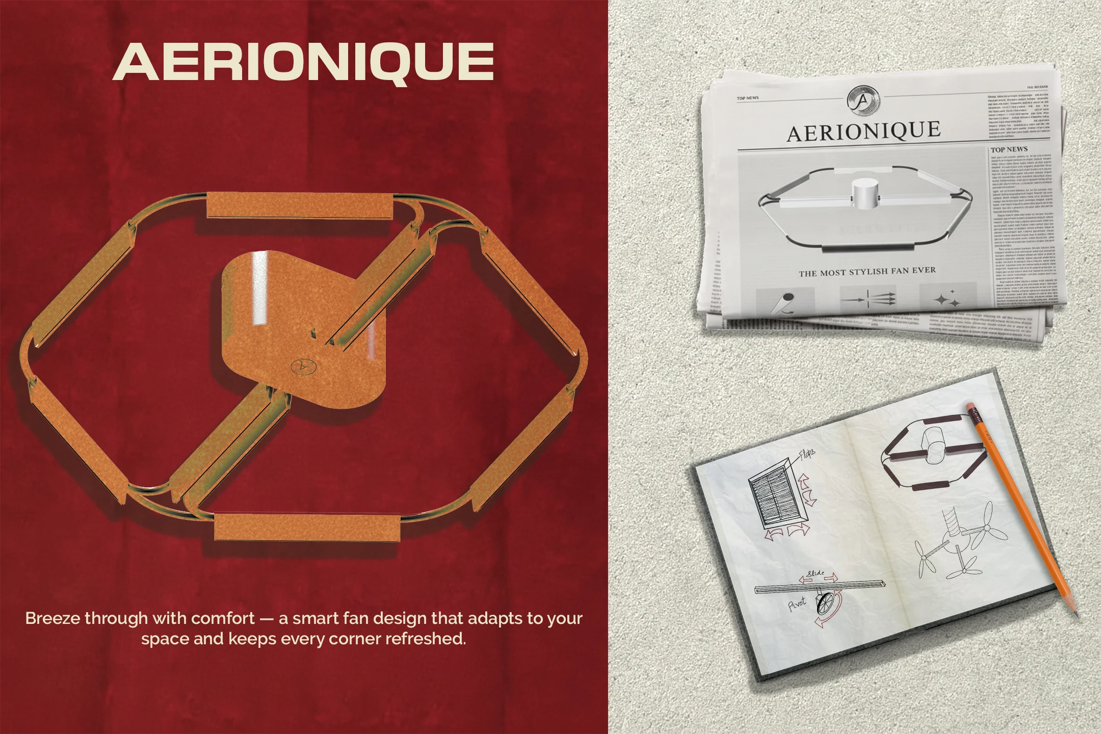 Aerionique final concept alongside early sketches exploring flaps, pivots and directional movement