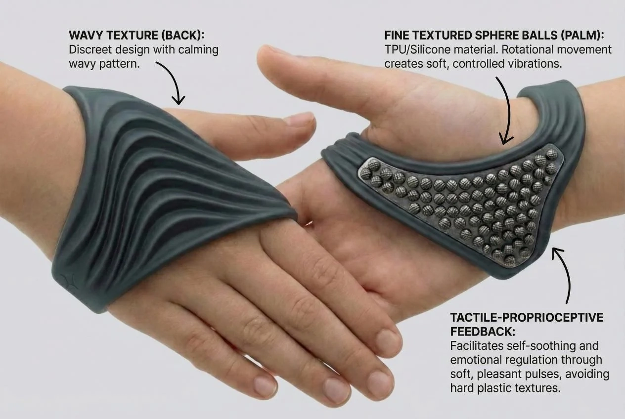 Annotated image explaining Aura's wavy back texture, rolling palm spheres and tactile-proprioceptive feedback