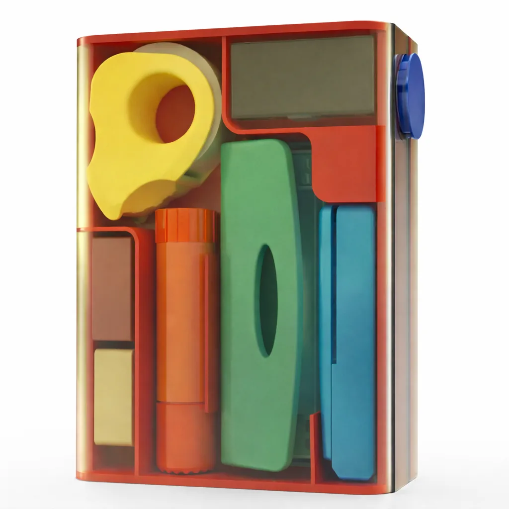 Top view of the final Doodle Den stationery kit showing the fitted internal organization