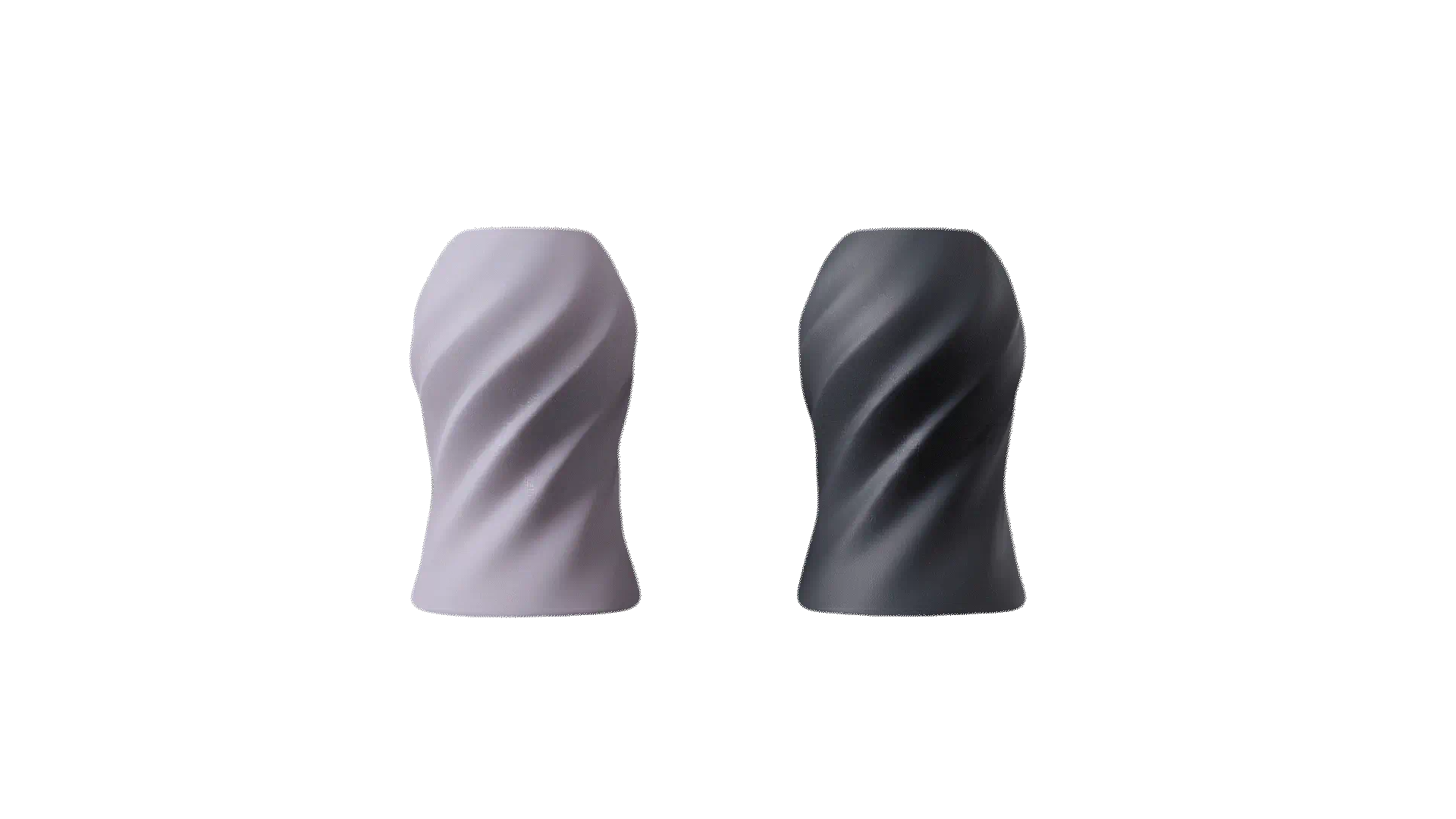White salt shaker and charcoal pepper shaker with matching twisted surfaces